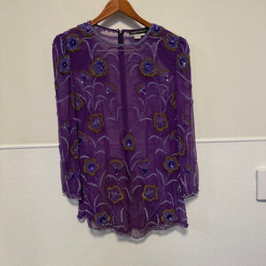 Women's Carolyne Barton Purple Gold Beaded Blouse Size 10 Vintage Sequin 1980s